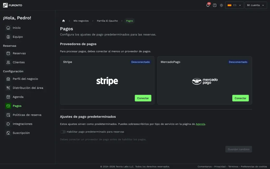 Pantalla de pagos y garantías de Gastro