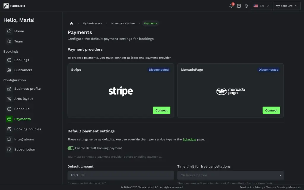 Gastro payments and booking guarantee screen