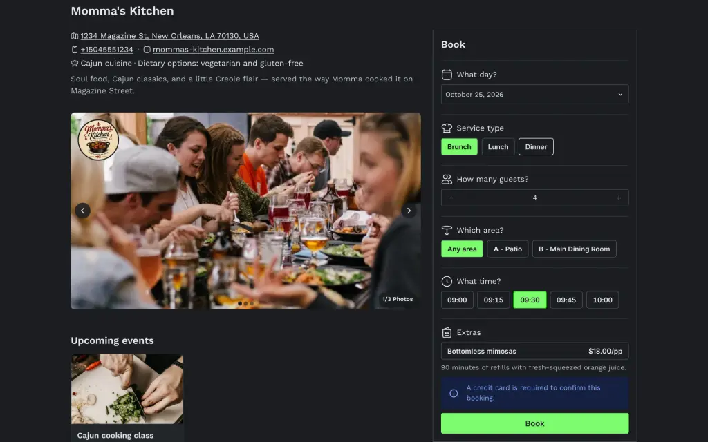 Gastro booking page showing the available time slots